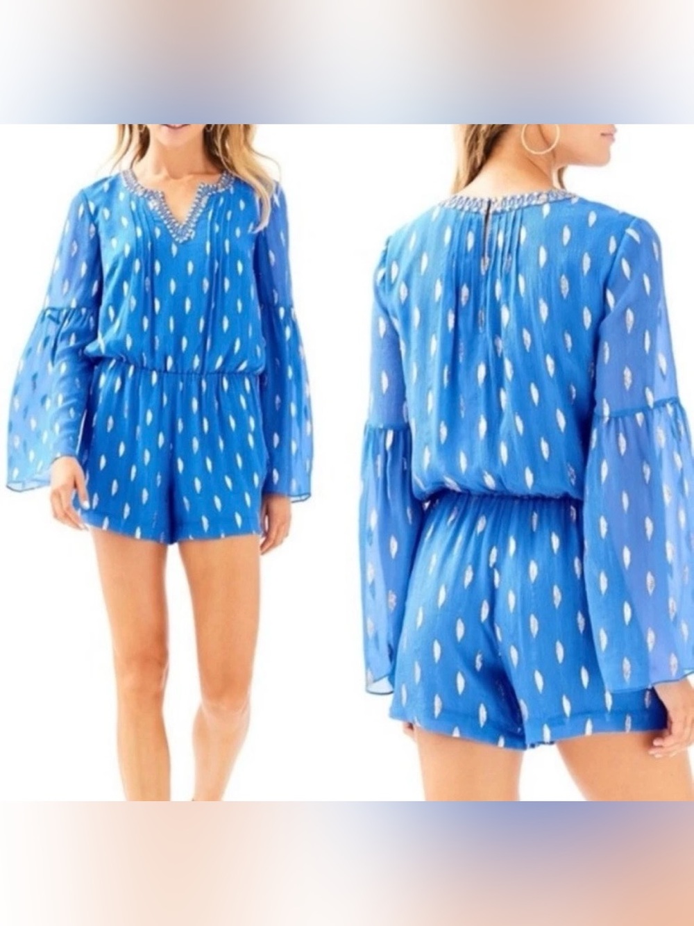 NWT Lilly Pulitzer Ariele Silk Romper Bennett Blue & Metallic XXS